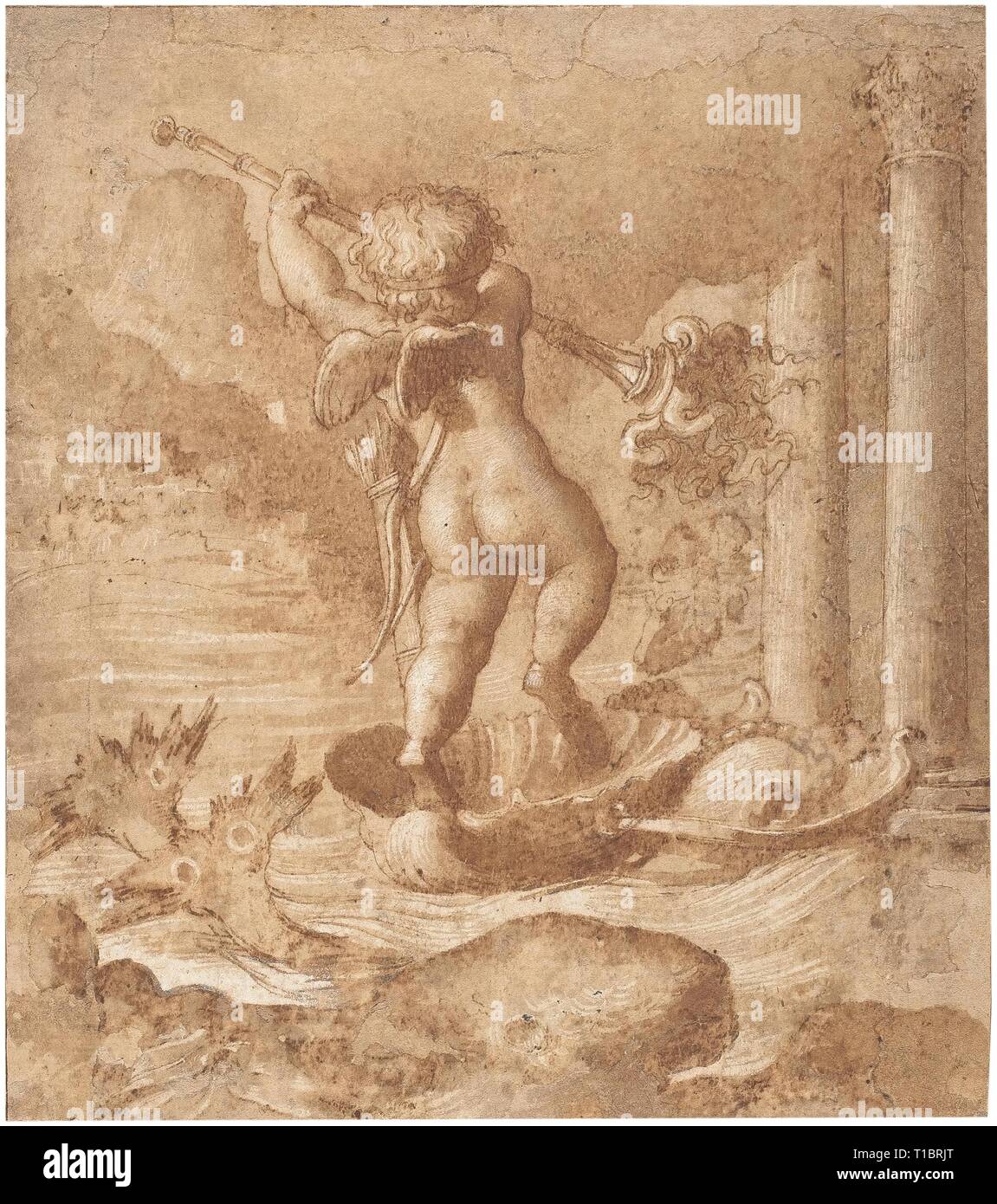 Francesco Salviati (Francesco de' Rossi) (attribuito a) / "CUPIDO". Secondo terzo del XVI secolo. Lavaggio, filo bianco, matita, grigio-marrone di inchiostro su carta tinta. Museo : Museo del Prado di Madrid, España. Foto Stock