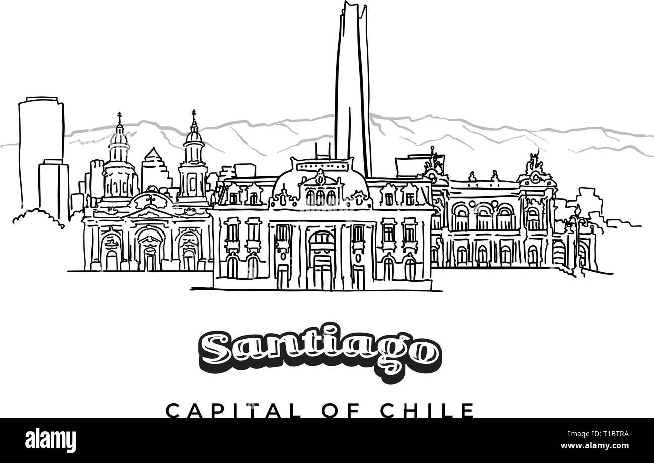 Santiago del Cile disegnati a mano skyline. Vettore schizzo di contorno Illustrazione Vettoriale