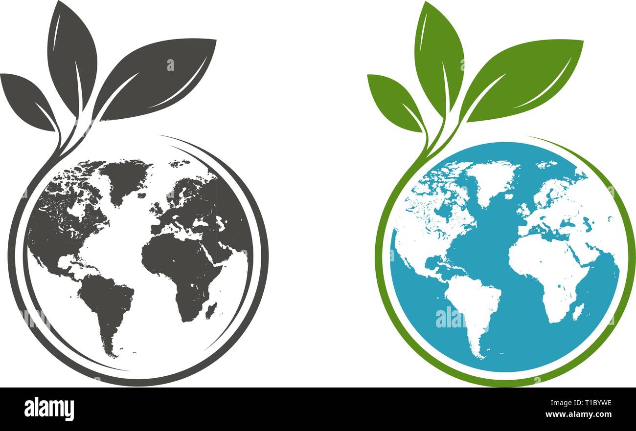 Le foglie di colore verde e logo del globo. Eco, naturale, organico Icona o simbolo. Vettore Illustrazione Vettoriale
