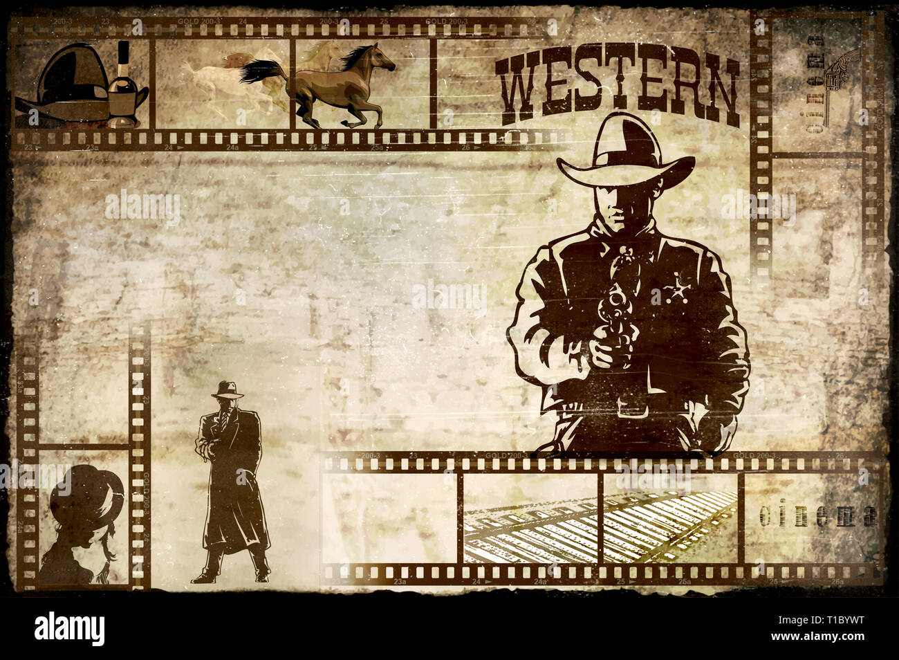 Illustrazioni di sfondo poster con i dettagli di simbolico e personaggi del selvaggio West. Sheriff silhouette, vecchia striscia di pellicola e gli attributi del western Foto Stock