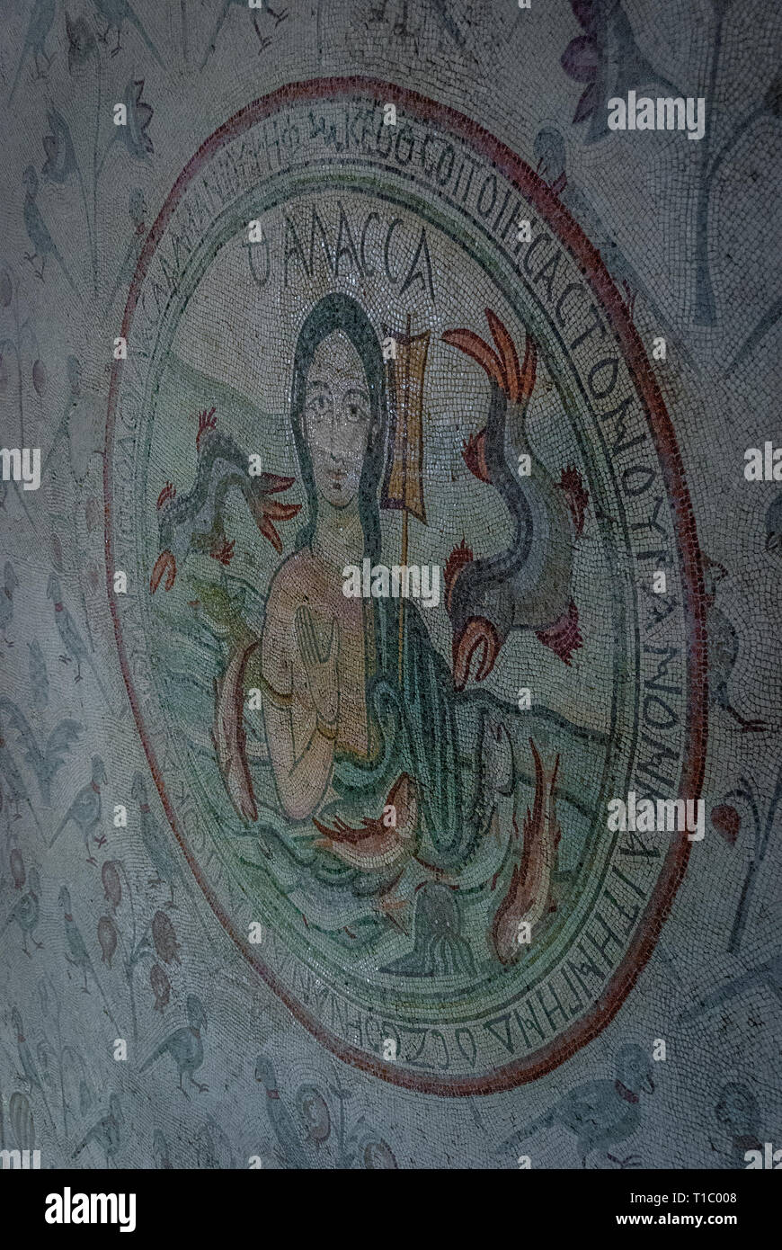 Thalassa Sea (DIO) mosaico nella chiesa degli Apostoli (Madaba), Giordania Medio Oriente Foto Stock
