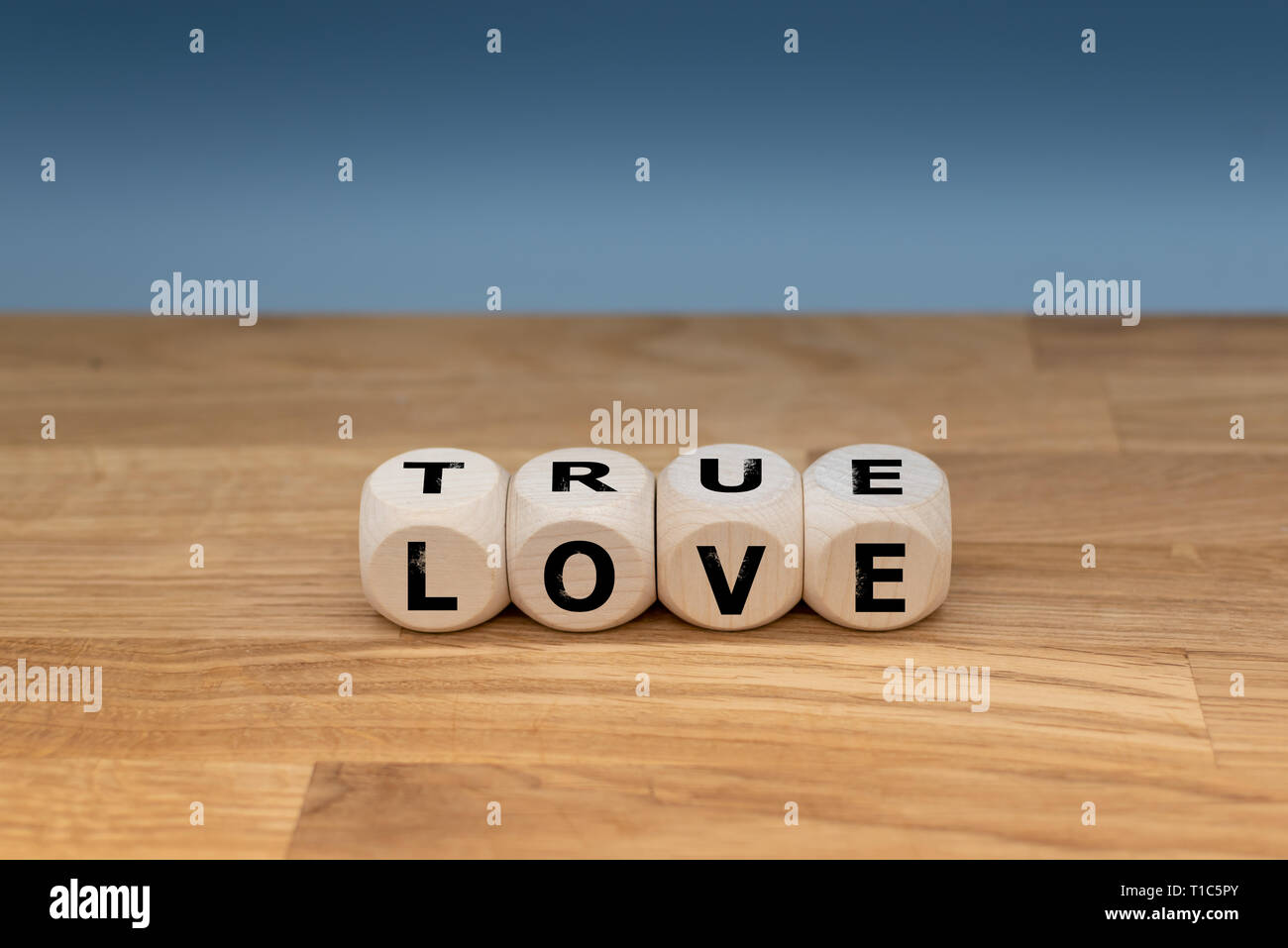 Forma di dadi con l'espressione "vero amore". Foto Stock