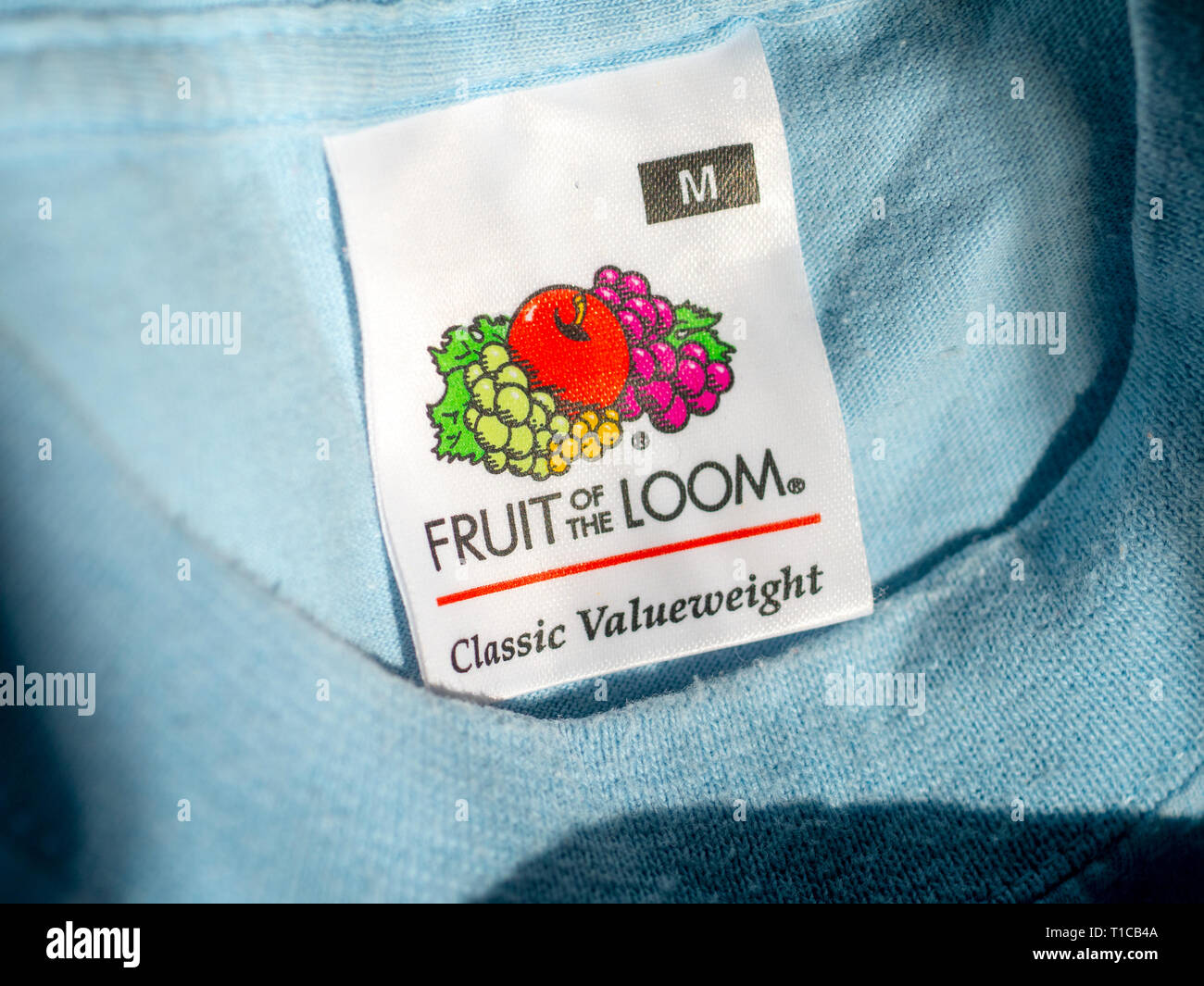 Fruit of the Loom Logo all'interno di un capo di abbigliamento, frutto del telaio è un americano produttore di abbigliamento fondata nel 1851. Foto Stock