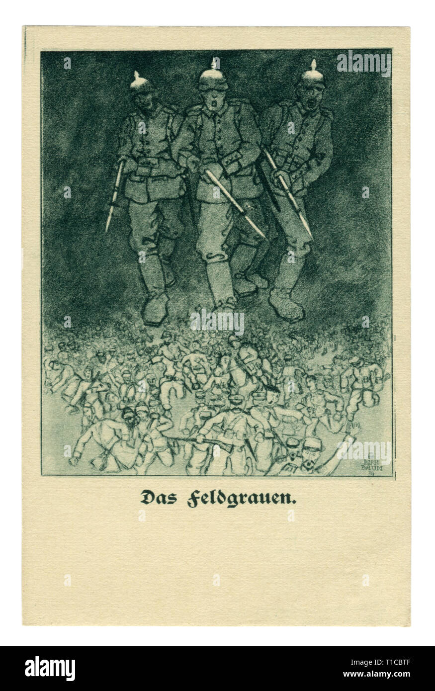 German Historical cartolina: Campo di colore grigio dell'uniforme militare. I soldati di fanteria con fucili e baionette presso il pronto chase le forze alleate Foto Stock