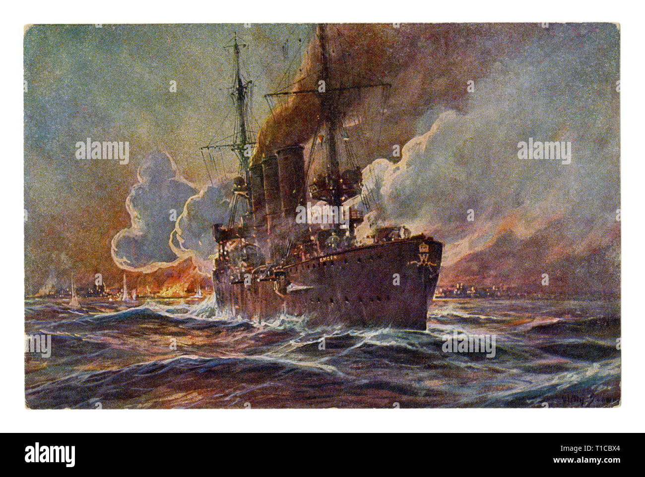 German Historical cartolina: un Tedesco Dresden classe di incrociatore leggero SMS Emden, serbatoi di olio che brucia a Madras, la prima guerra mondiale (1914-1918). Germania Foto Stock