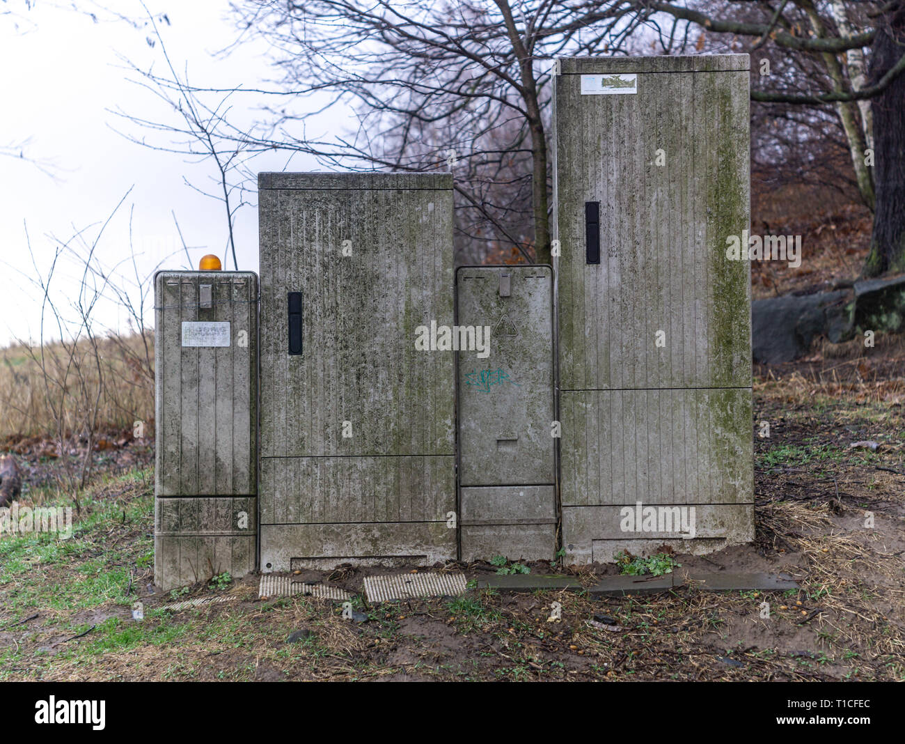 Un rifiuti e decadimento cabinet dsl nella natura. Foto Stock