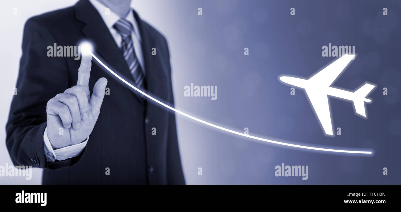 Imprenditore mostra il successo con il grafico e aereo Foto Stock