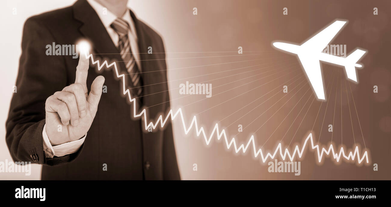 Imprenditore mostra il successo con il grafico e aereo Foto Stock