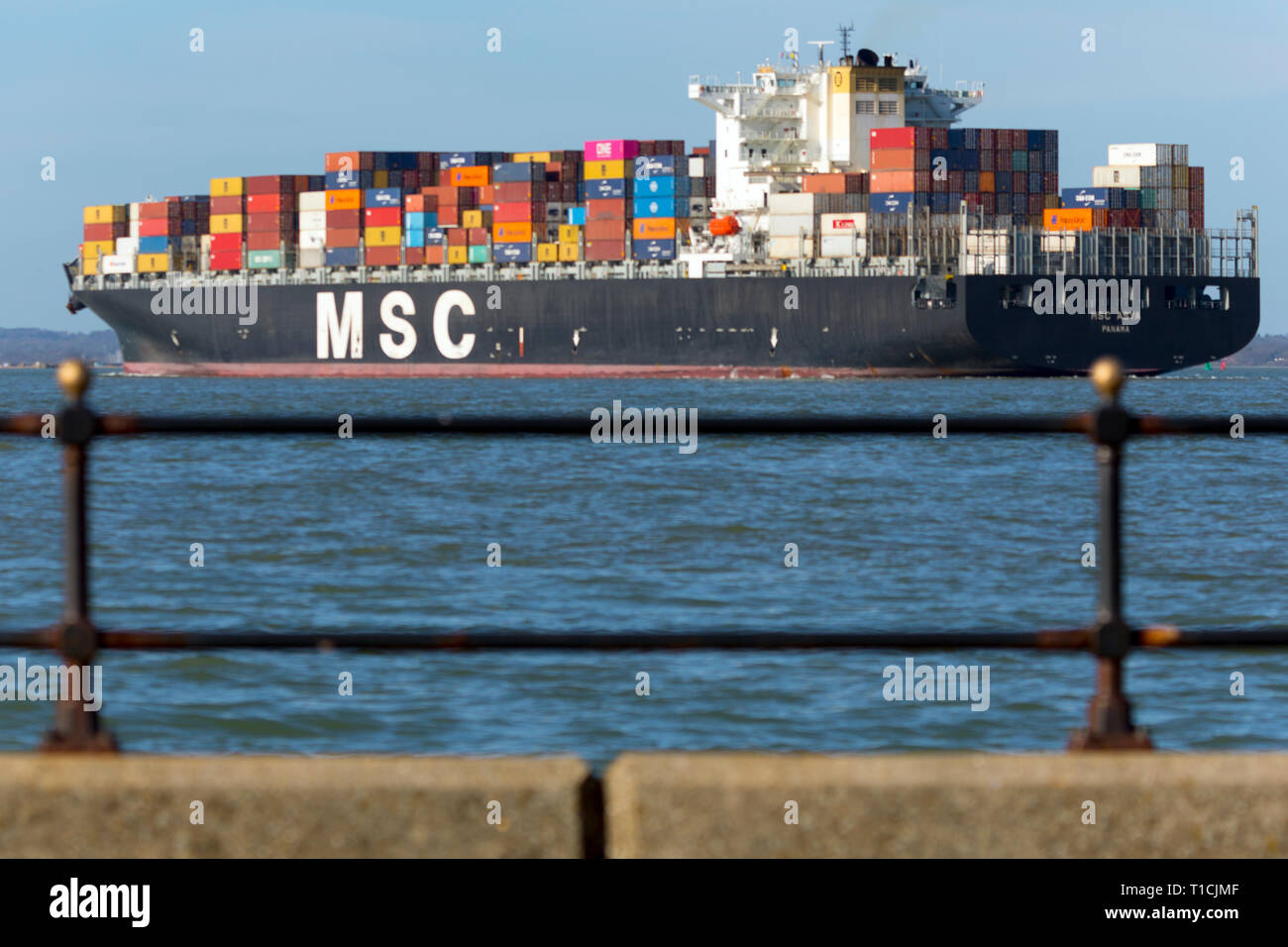 MSC,Assja,l'Solent,off,Cowes,Isle of Wight,Southampton,contenitore,nave,il terminale,Inghilterra, Regno Unito,,box Foto Stock