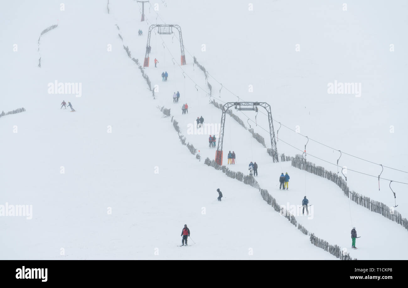 Glenshee, Scotland, Regno Unito. 16 marzo, 2019. Neve sulla terra alta in Scozia intende condizioni per lo sci a Glenshee Ski Centre in Aberdeenshire era buona e h Foto Stock