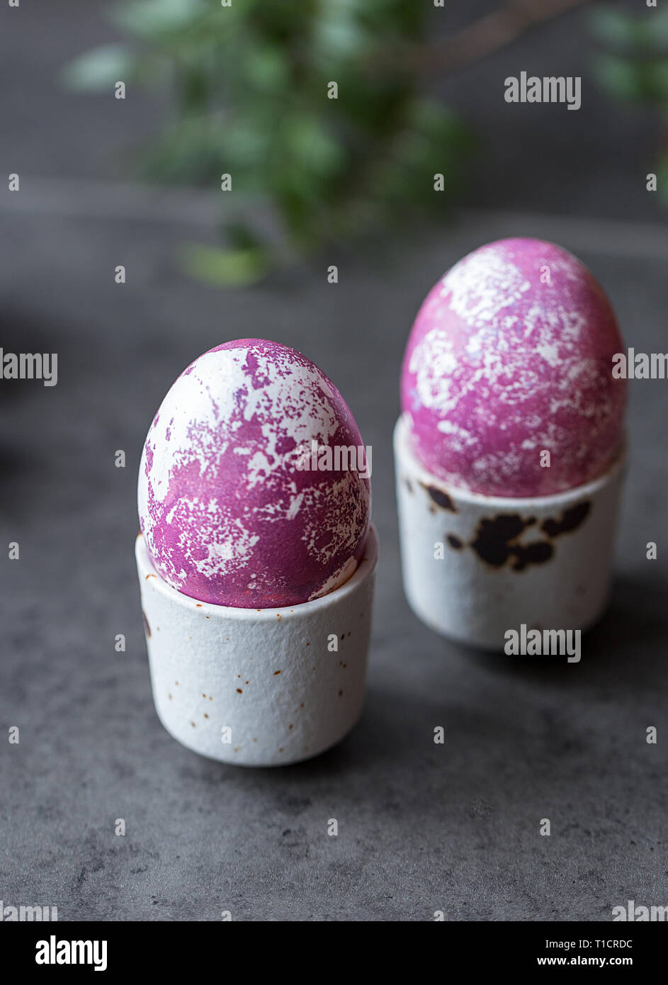 Due multicolore di uova di Pasqua in uovo bianco-cup su sfondo scuro. Concetto di Pasqua gastronomica Foto Stock