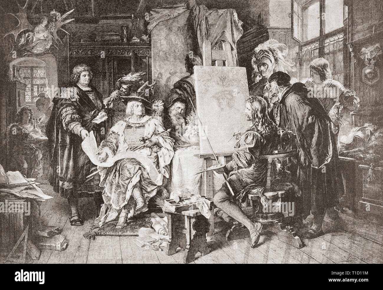 Albrecht Durer dipinto il ritratto dell'Imperatore Massimiliano I. Albrecht Durer, 1471 - 1528. Pittore e incisore, e teorico del Rinascimento tedesco. Massimiliano I, 1459 - 1519. Imperatore del Sacro Romano Impero. Da Ilustracion Artistica, pubblicato 1887. Foto Stock