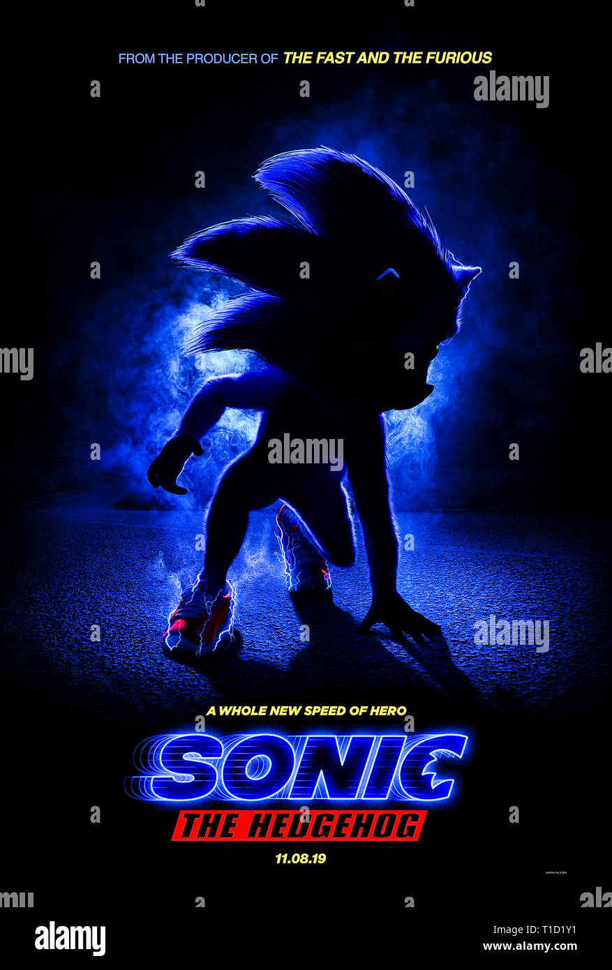 Sonic the Hedgehog (2019) diretto da Jeff Fowler e Jim Carrey, James Marsden e Neal McDonough. Schermo grande gita per Sega amato videogioco caratteri. Foto Stock