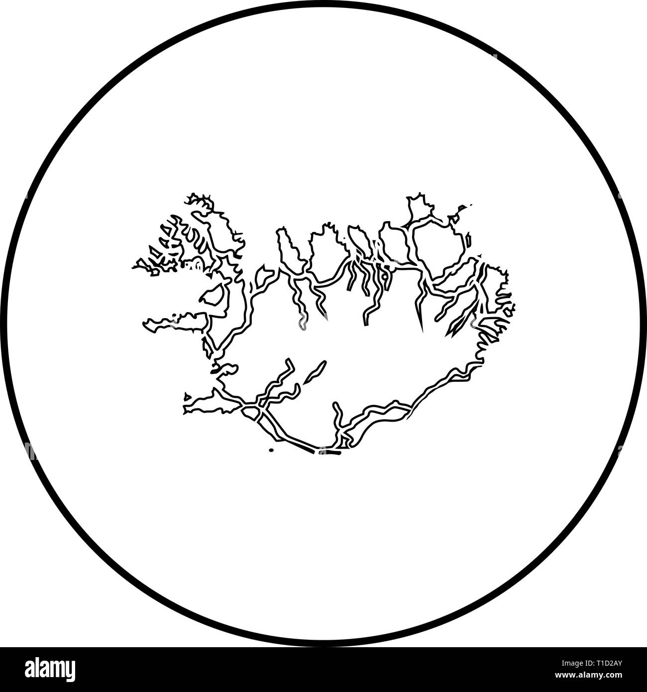 Mappa di Islanda icona profilo colore nero vettore in cerchio intorno illustrazione stile piatto semplice immagine Illustrazione Vettoriale