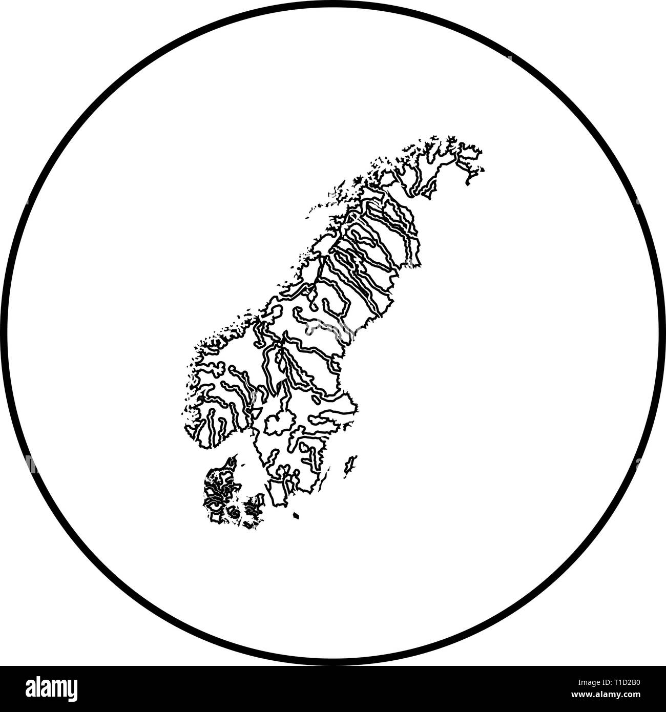 Mappa della Scandinavia icona profilo colore nero vettore in cerchio intorno illustrazione stile piatto semplice immagine Illustrazione Vettoriale