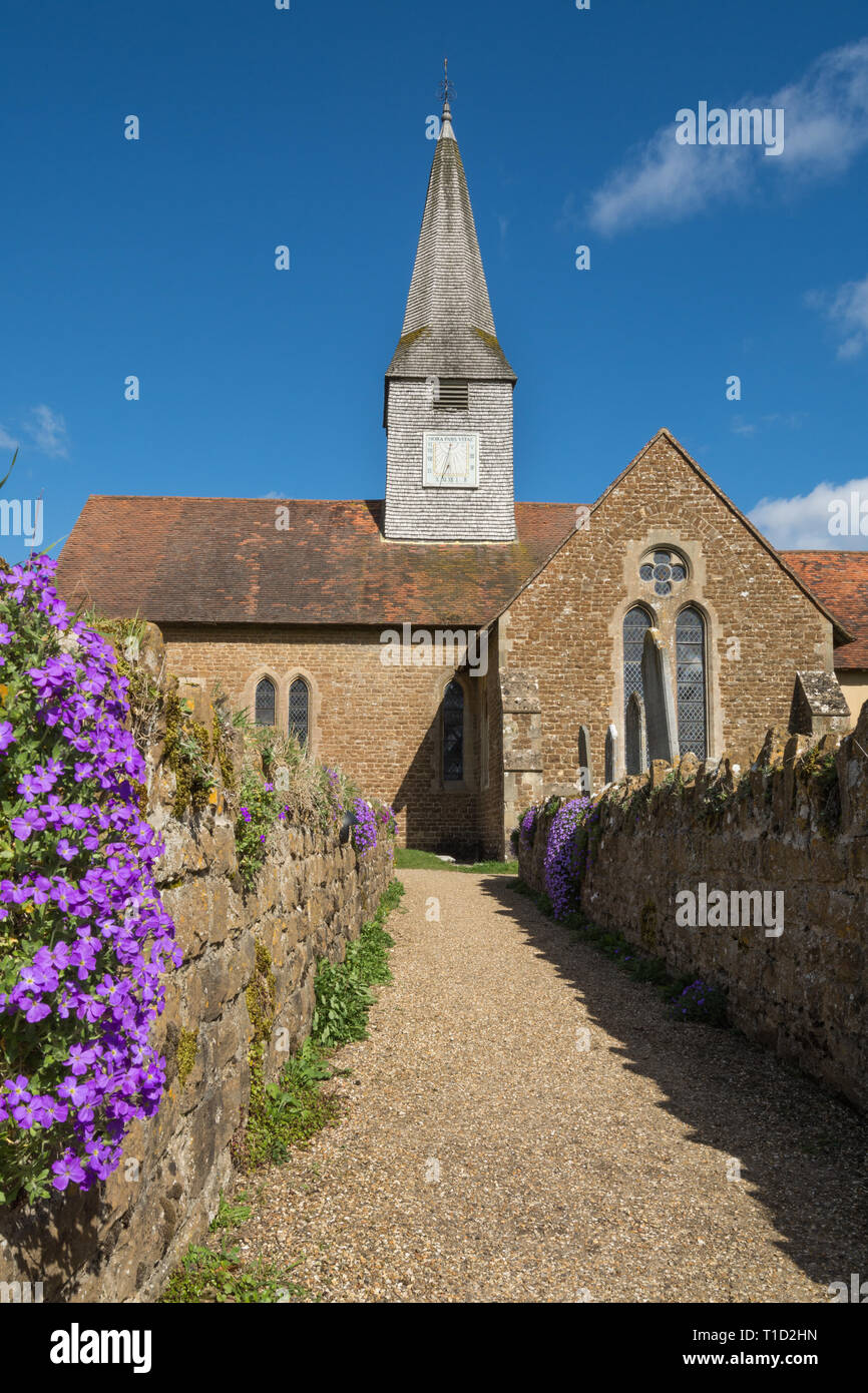 San Michele e Tutti gli Angeli, la chiesa parrocchiale del villaggio di Thursley, Surrey, Regno Unito, su una soleggiata giornata di marzo, con fiori di primavera, aubretia viola o aubrieta Foto Stock