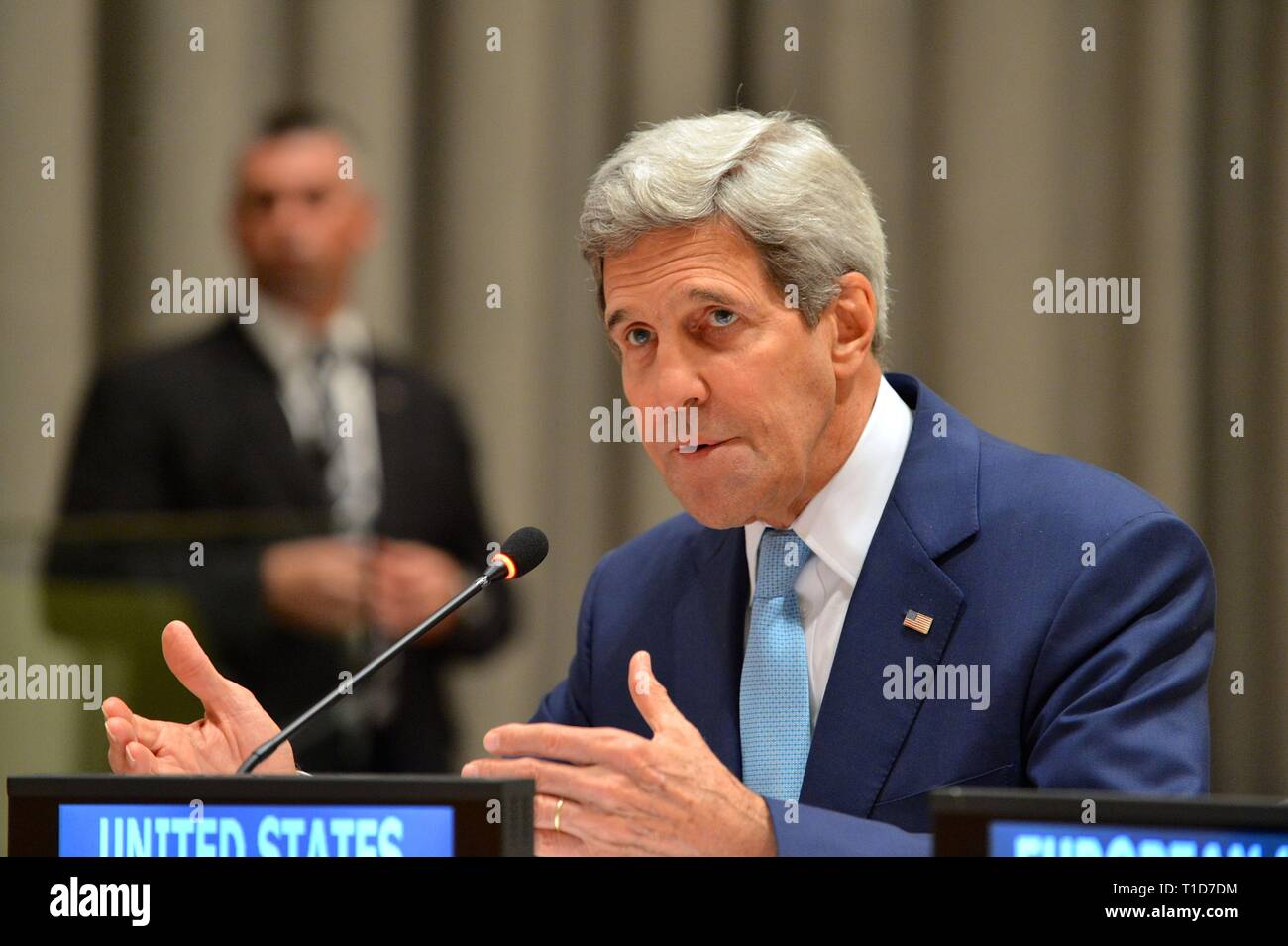 Stati Uniti Il segretario di Stato John Kerry offre commento alla settima riunione ministeriale del trattato sul divieto degli esperimenti nucleari presso le Nazioni Unite Foto Stock