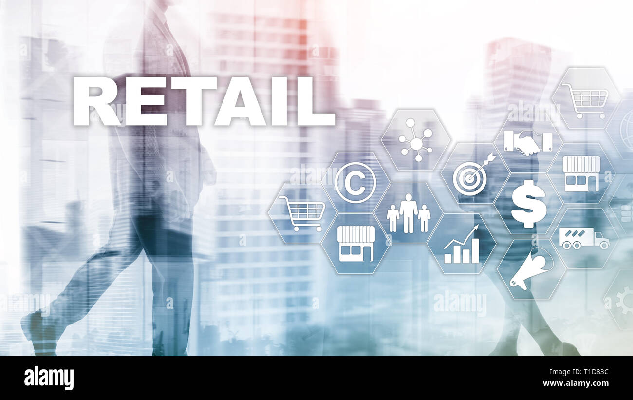 La tecnologia Retail Communication Shopping schermo virtuale concetto. I dati di marketing management. Il futuristico shopping online. Sfondo astratto Foto Stock