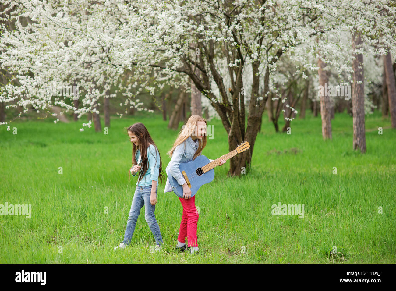 Due divertenti ragazza giovane stelle del rock con la chitarra nella primavera del parco all'aperto il concerto dal vivo Foto Stock