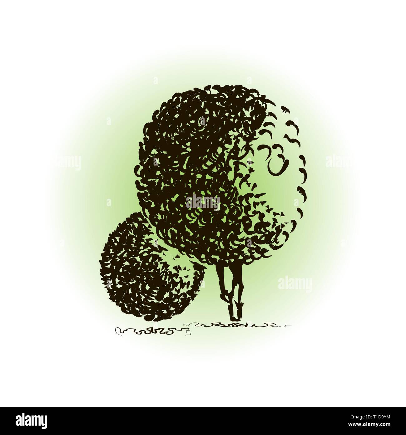 Due alberi di fantasia. Lo stile architettonico. Alberi di Creative con round incorona per background design. Disegnata a mano design, scarabocchio. Concetto per immagini varie Illustrazione Vettoriale