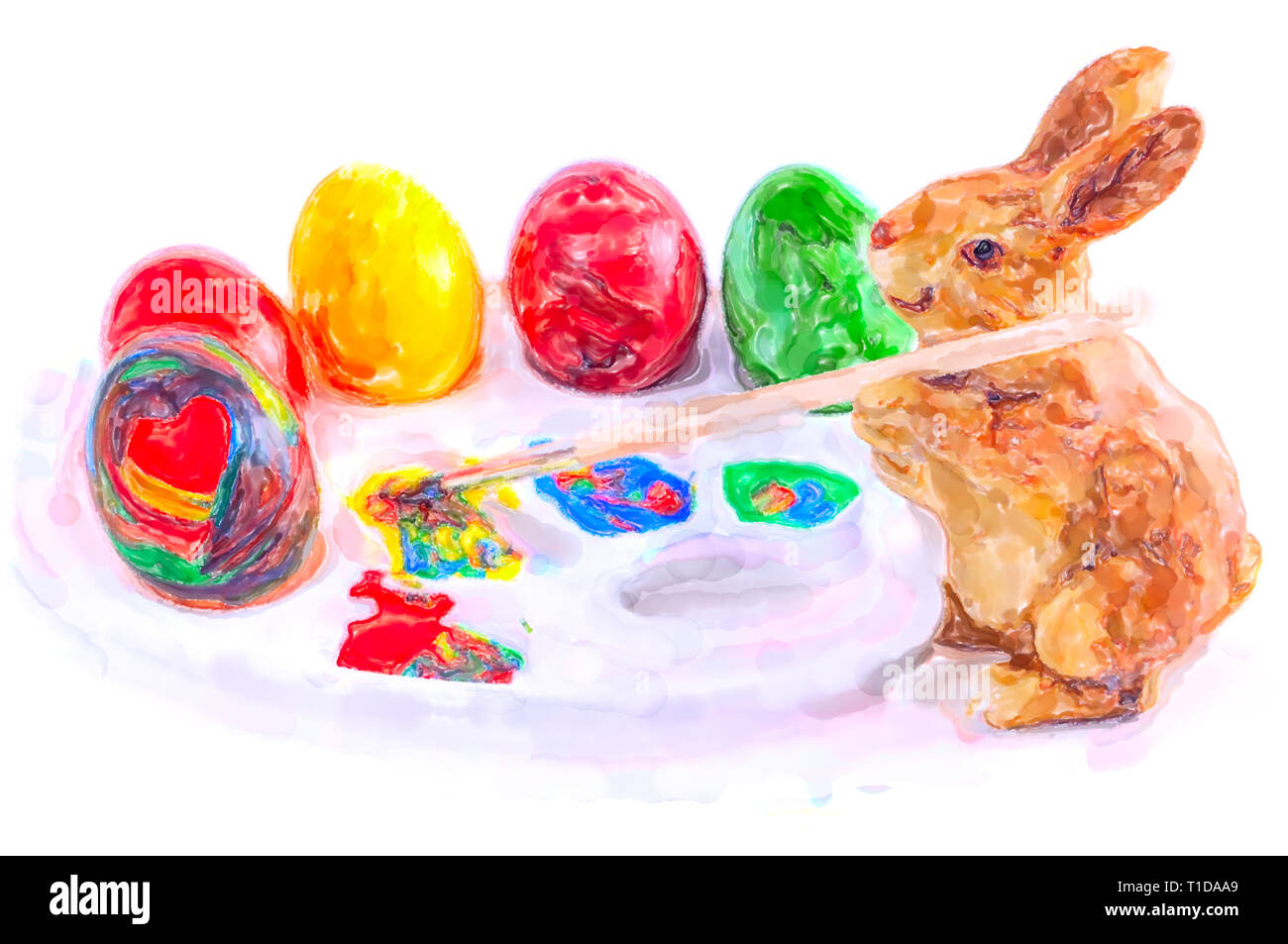 Illustrazione ad acquerello del coniglietto di pasqua pittura delle uova in colori. Foto Stock