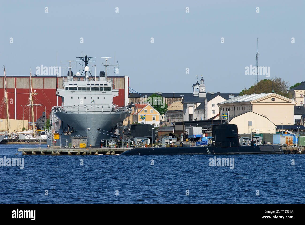 Gotland-class sottomarino, HSwMS Belos A214 salvataggio sottomarino nave ormeggiata in Karlskrona örlogsbas (Karlskrona base navale) elencati dall'UNESCO Patrimonio dell'umanità Foto Stock