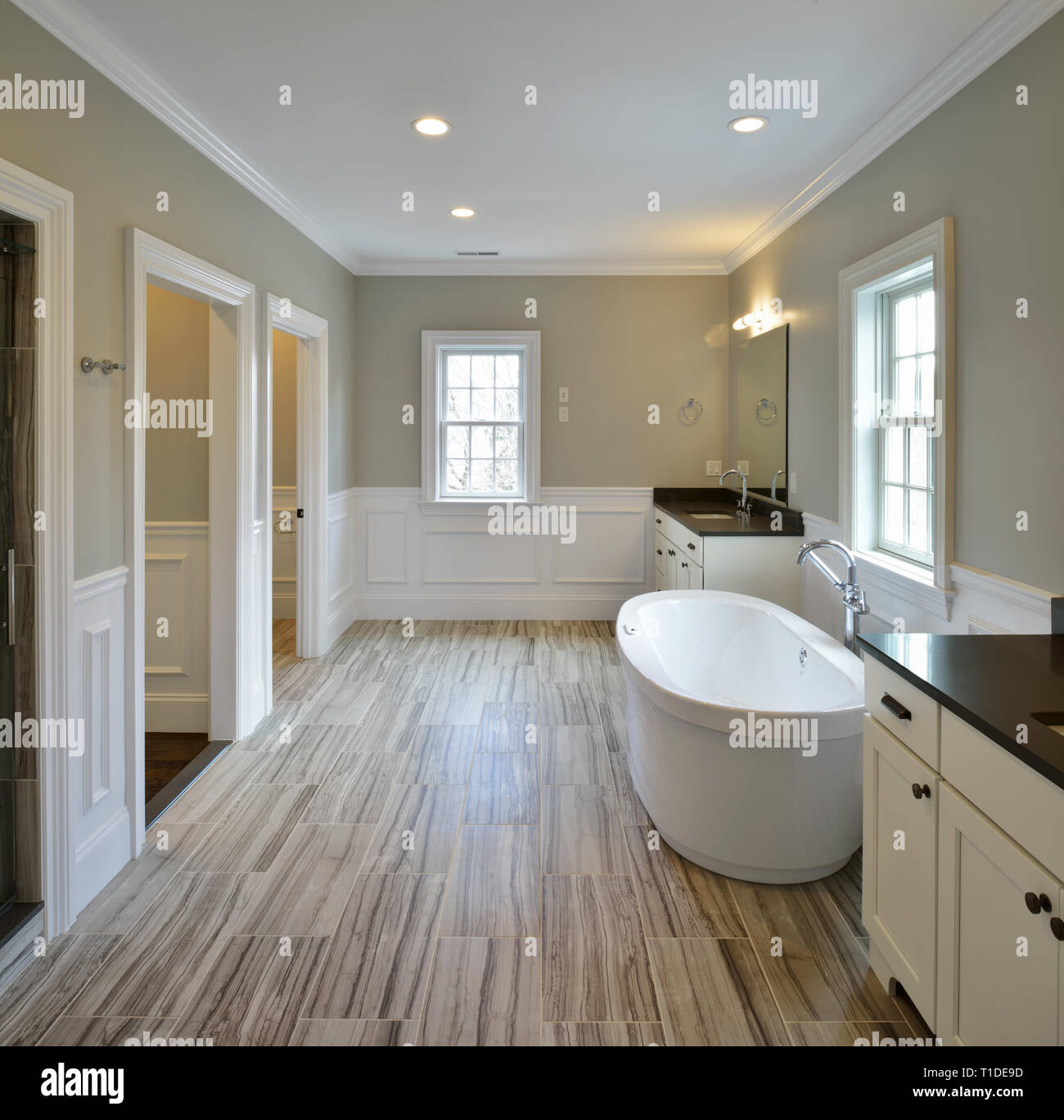 Master di moderna progettazione del bagno con vasca separata, separati lavello vanità, doccia e wc camere Foto Stock