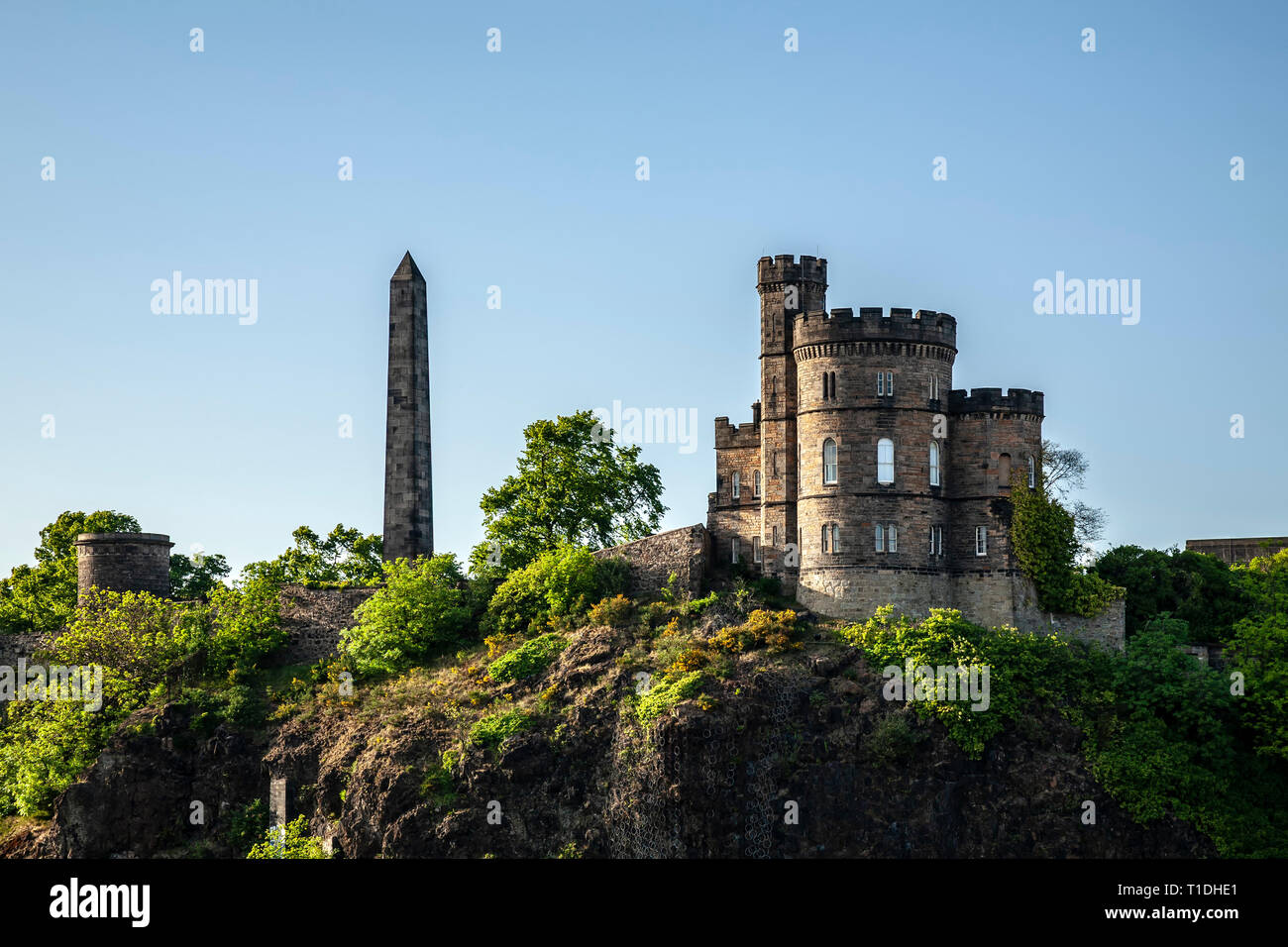 Hamilton il obelisco e casa del governatore, Calton Hill, Edimburgo, Scozia, Regno Unito Foto Stock