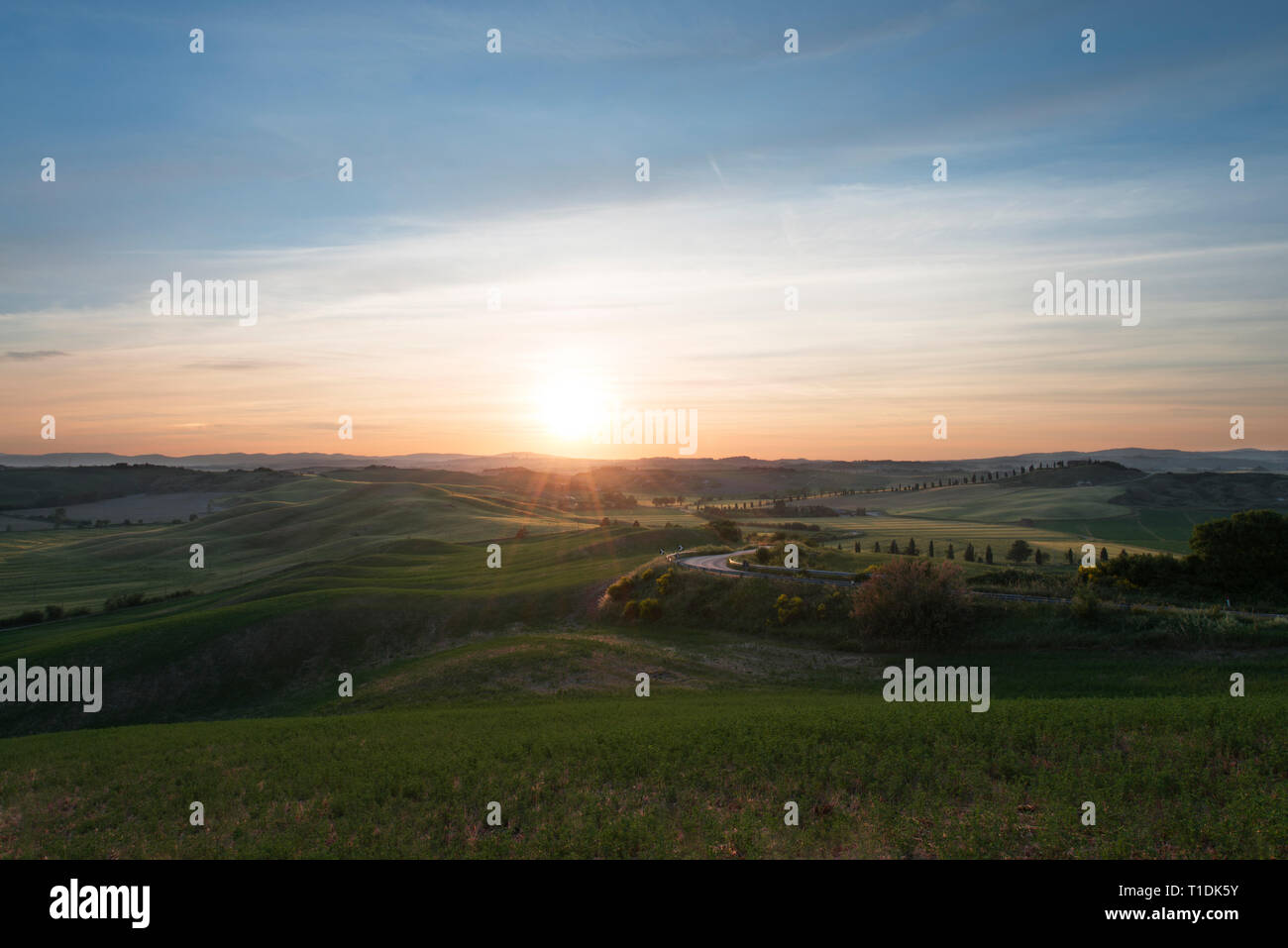 Val d'Orcia (o) Valdorcia paesaggio della Toscana al tramonto, una destinazione turistica molto popolare in Italia Foto Stock
