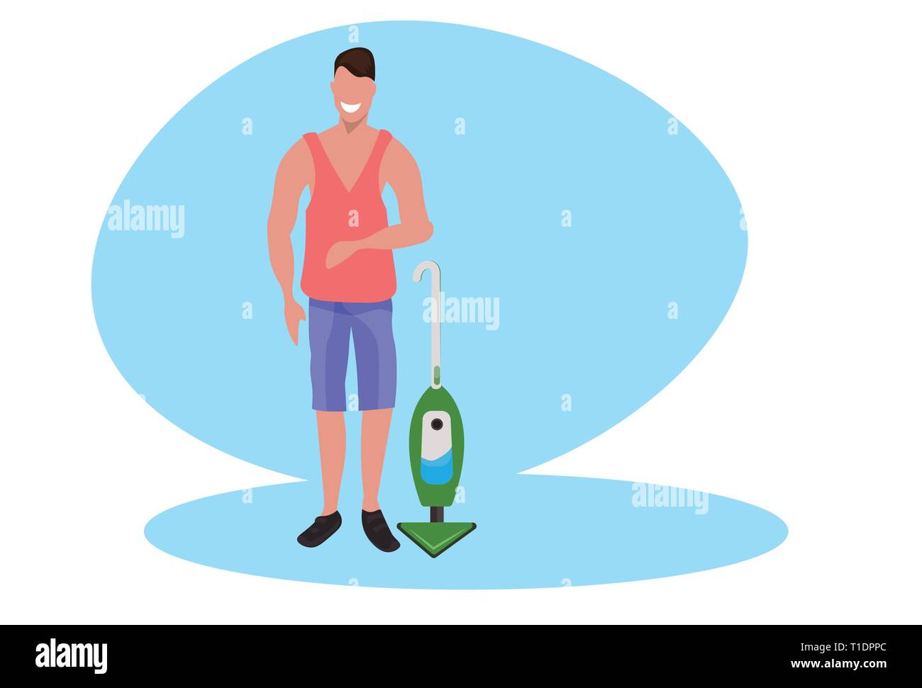 Uomo piano di pulizia con aspirapolvere domestico e concetto di uso domestico maschio personaggio dei cartoni animati per tutta la lunghezza orizzontale Illustrazione Vettoriale