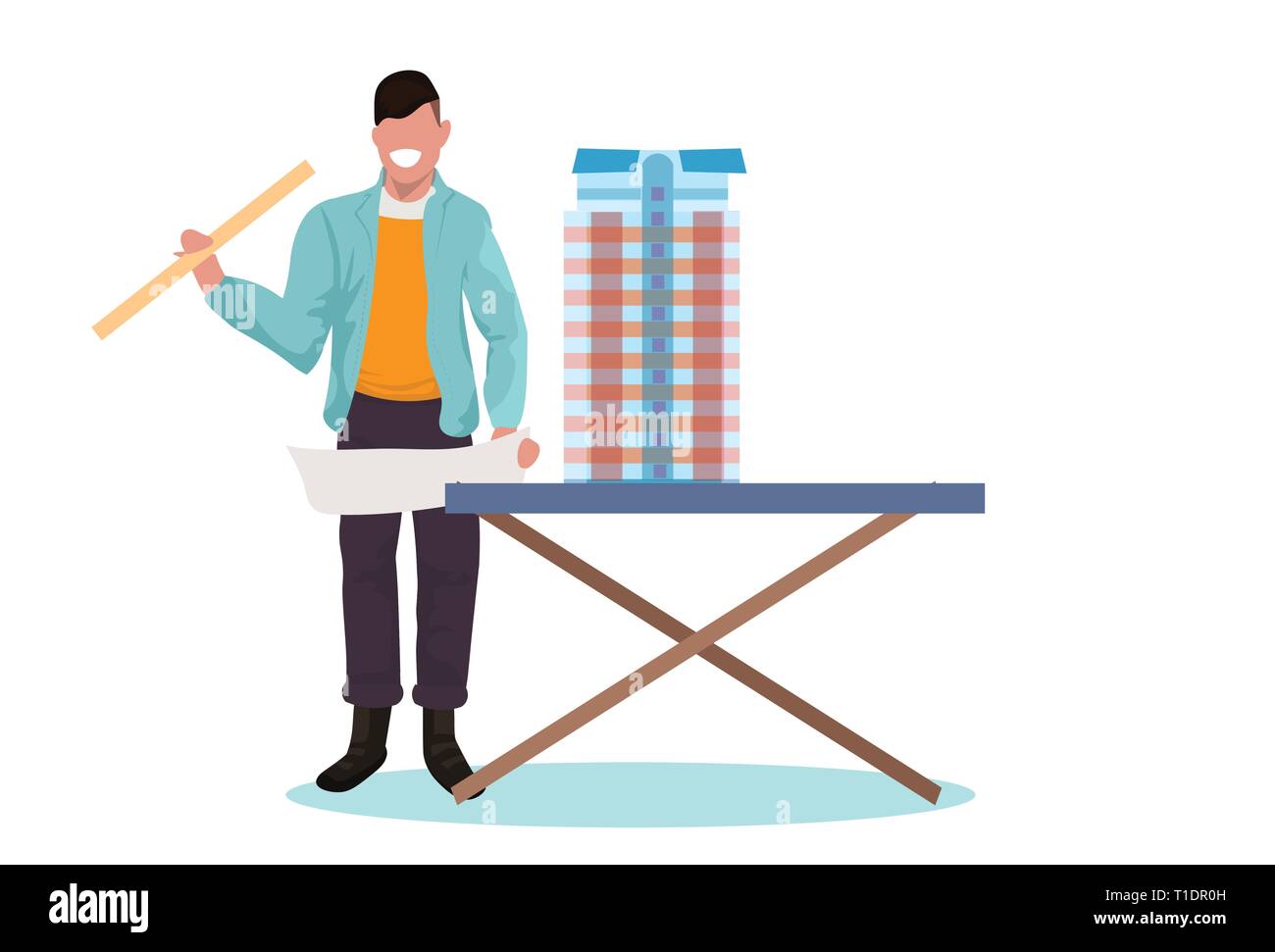 L'uomo architetto livello di contenimento ingegnere di lavoro con il nuovo edificio città modello per il panning urbane progetto concetto Casa blueprint orizzontale di lunghezza completa Illustrazione Vettoriale