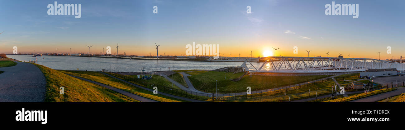 Panorama Europoortkering Maeslandkering o parte del Deltawerken in Nieuwe Waterweg al tramonto con molti mulini a vento. Foto Stock