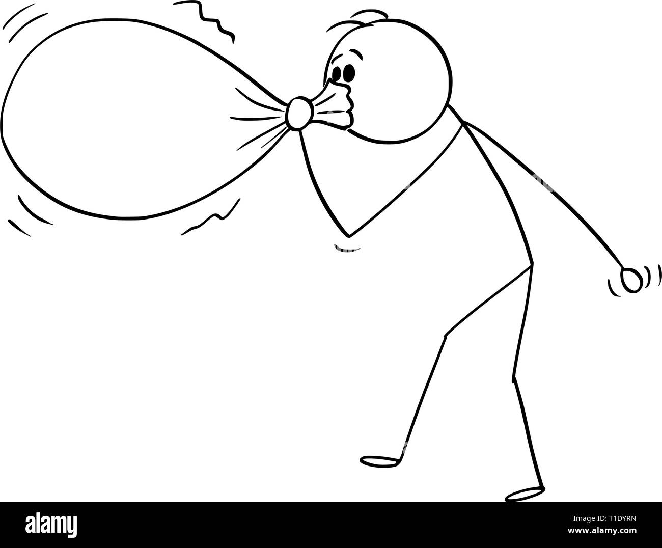 Cartoon stick figura disegno illustrazione concettuale dell'uomo o imprenditore di soffiaggio o di gonfiaggio di palloncino di grandi dimensioni o busta o sacca. Illustrazione Vettoriale