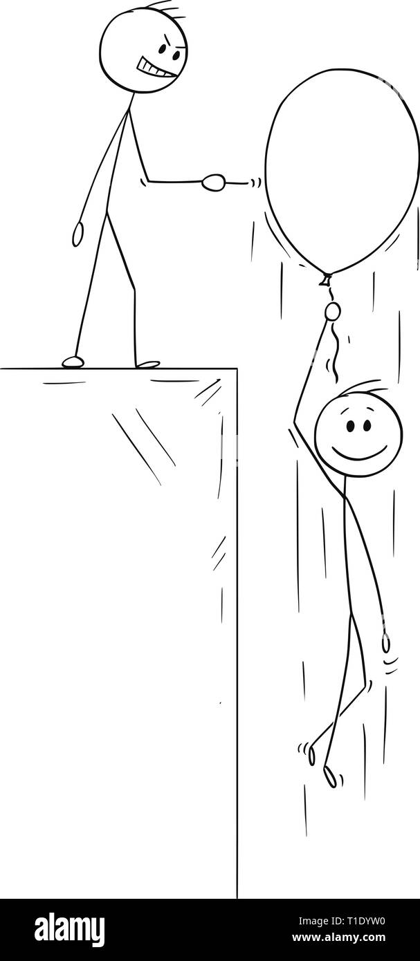 Cartoon stick figura disegno illustrazione concettuale di uomo felice o imprenditore battenti fino sulla parte gonfiabile palloncino, concorrente con il pin è pronto per scoppiare. Illustrazione Vettoriale