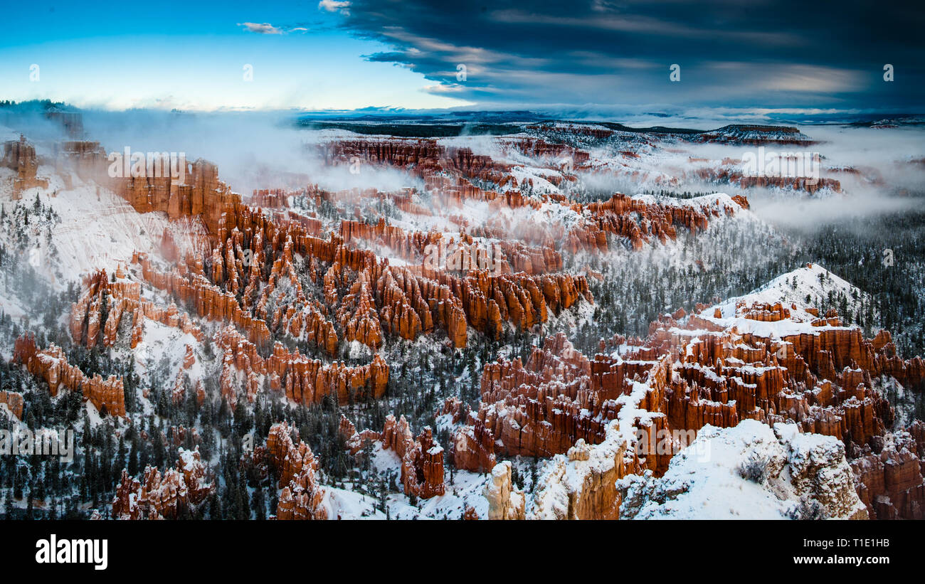 Una rara ed epic inverno inversione di cloud in pozzi di anfiteatro al Parco Nazionale di Bryce Canyon. Foto Stock