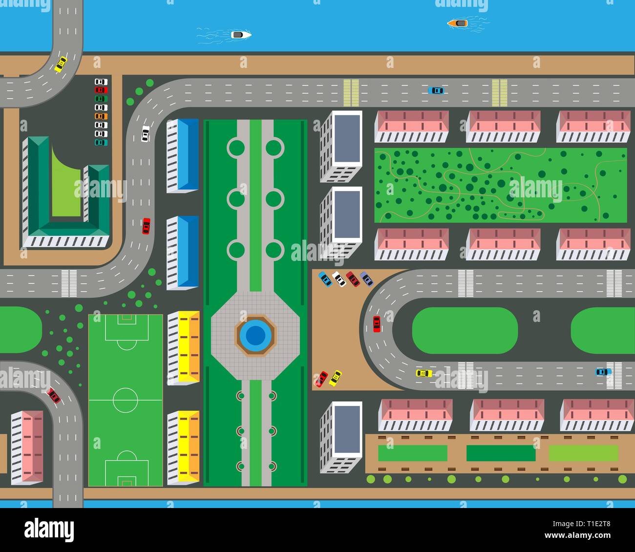 Vista superiore della città dalle strade, strade, case e automobili. Illustrazione Vettoriale. Illustrazione Vettoriale