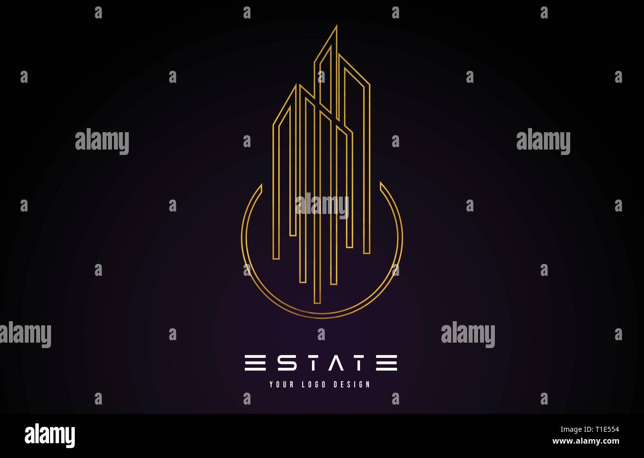 Oro Immobiliare del monogramma di moderno design del logo. Real Estate linee edifici astratta icona illustrazione vettoriale. Illustrazione Vettoriale