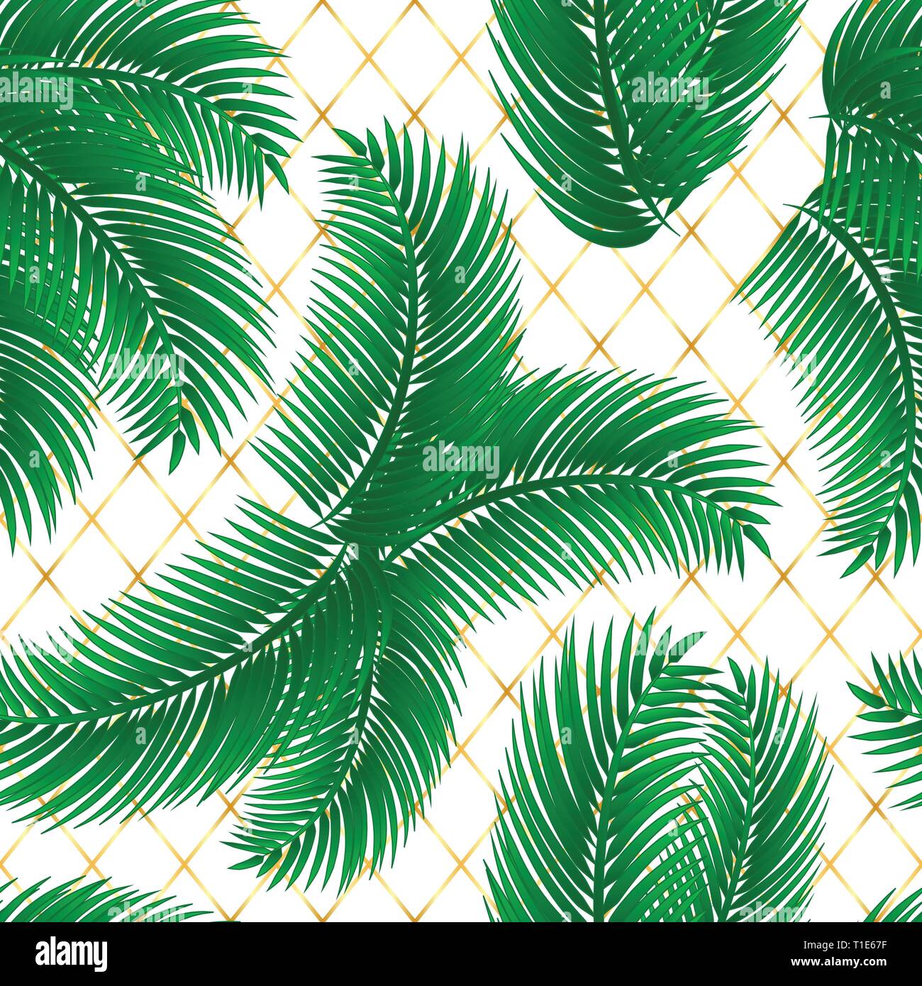 Palm leafs seamless pattern con griglia dorata. Illustrazione Vettoriale