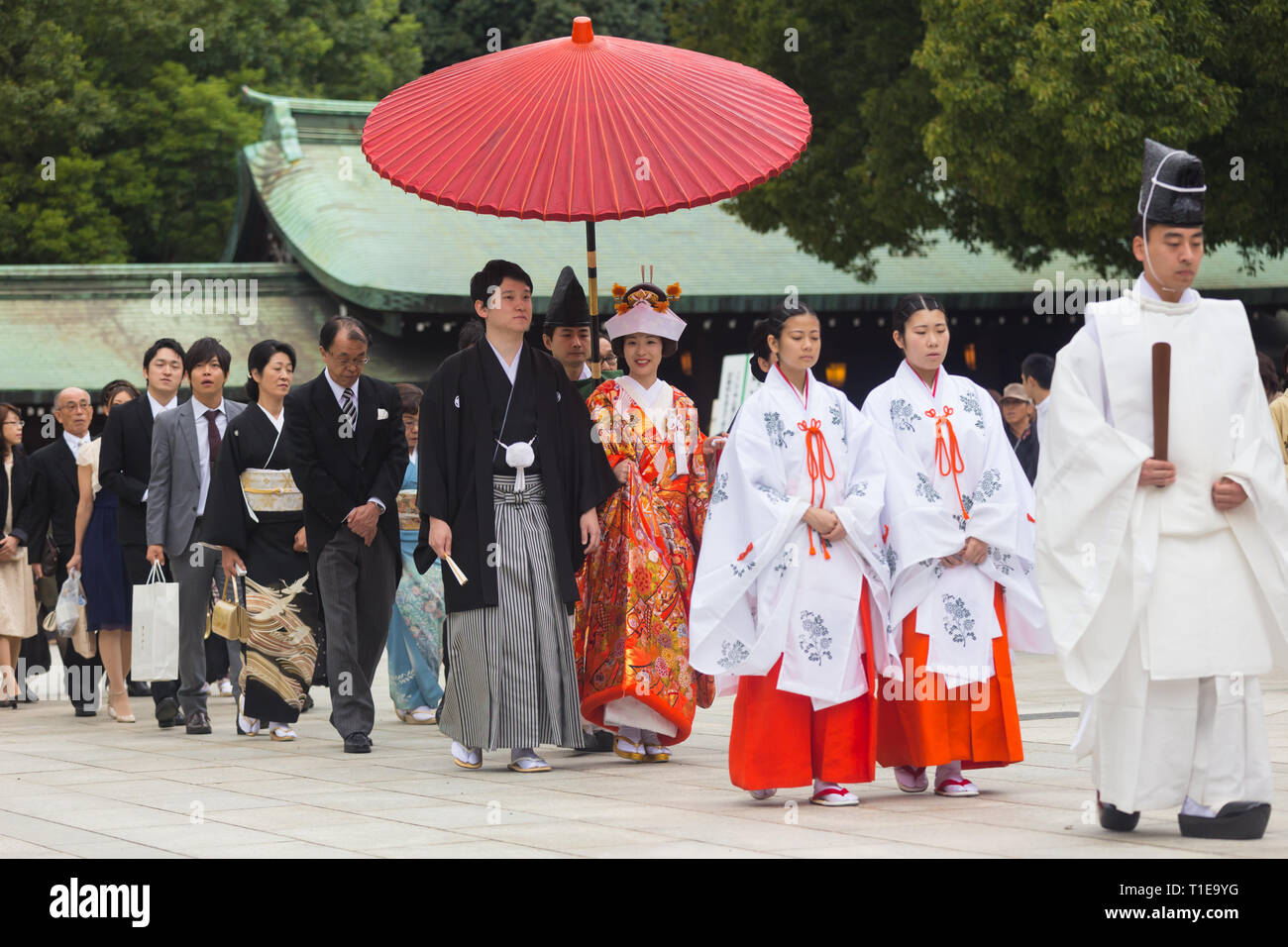 Giovani felice lo sposo e la sposa durante il giapponese tradizionale cerimonia di nozze a Meiji-jingu a Tokyo in Giappone il 23 novembre 2013. Foto Stock
