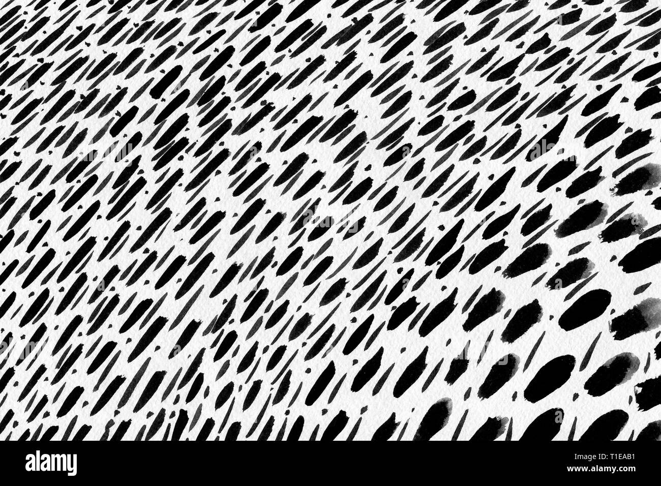 Abstract di nero e sfondo bianco con strisce diagonali e tratti e punti. Sfondo ad acquerello con spazzola stampe su uno sfondo bianco. Foto Stock