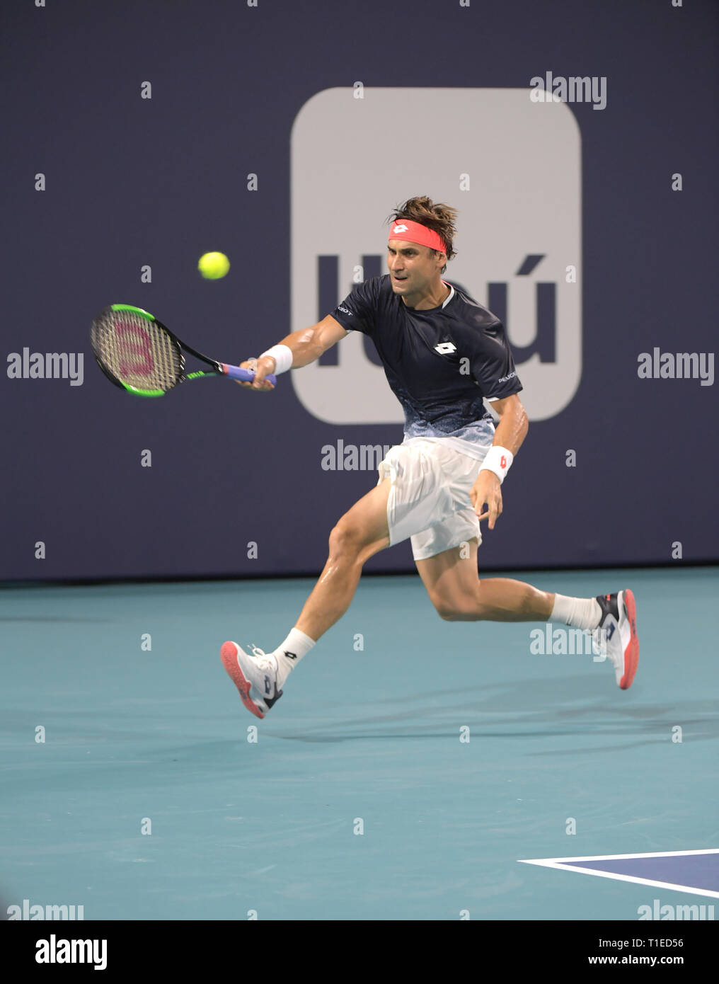 Giardini di Miami, Florida, Stati Uniti d'America. 25 mar 2019. Francesca Tiafoe sconfigge David Ferrer della Spagna durante il giorno 8 del Miami Open presentato da Itau all'Hard Rock Stadium il 25 marzo 2019 nei giardini di Miami, Florida. Persone: David Ferrer Foto Stock
