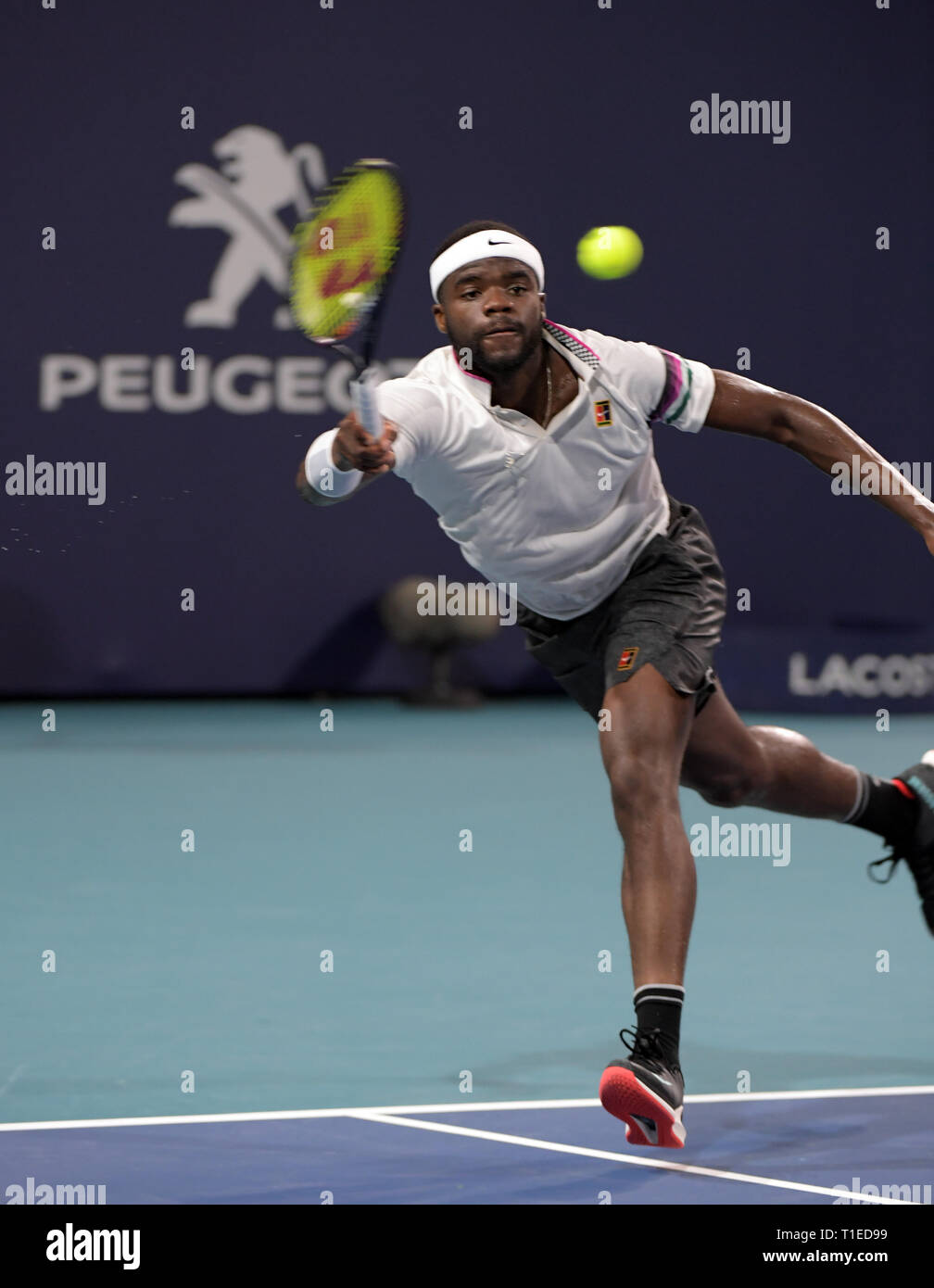 Giardini di Miami, Florida, Stati Uniti d'America. 25 mar 2019. Francesca Tiafoe sconfigge David Ferrer della Spagna durante il giorno 8 del Miami Open presentato da Itau all'Hard Rock Stadium il 25 marzo 2019 nei giardini di Miami, Florida. Persone: Francesca Tiafoe Foto Stock