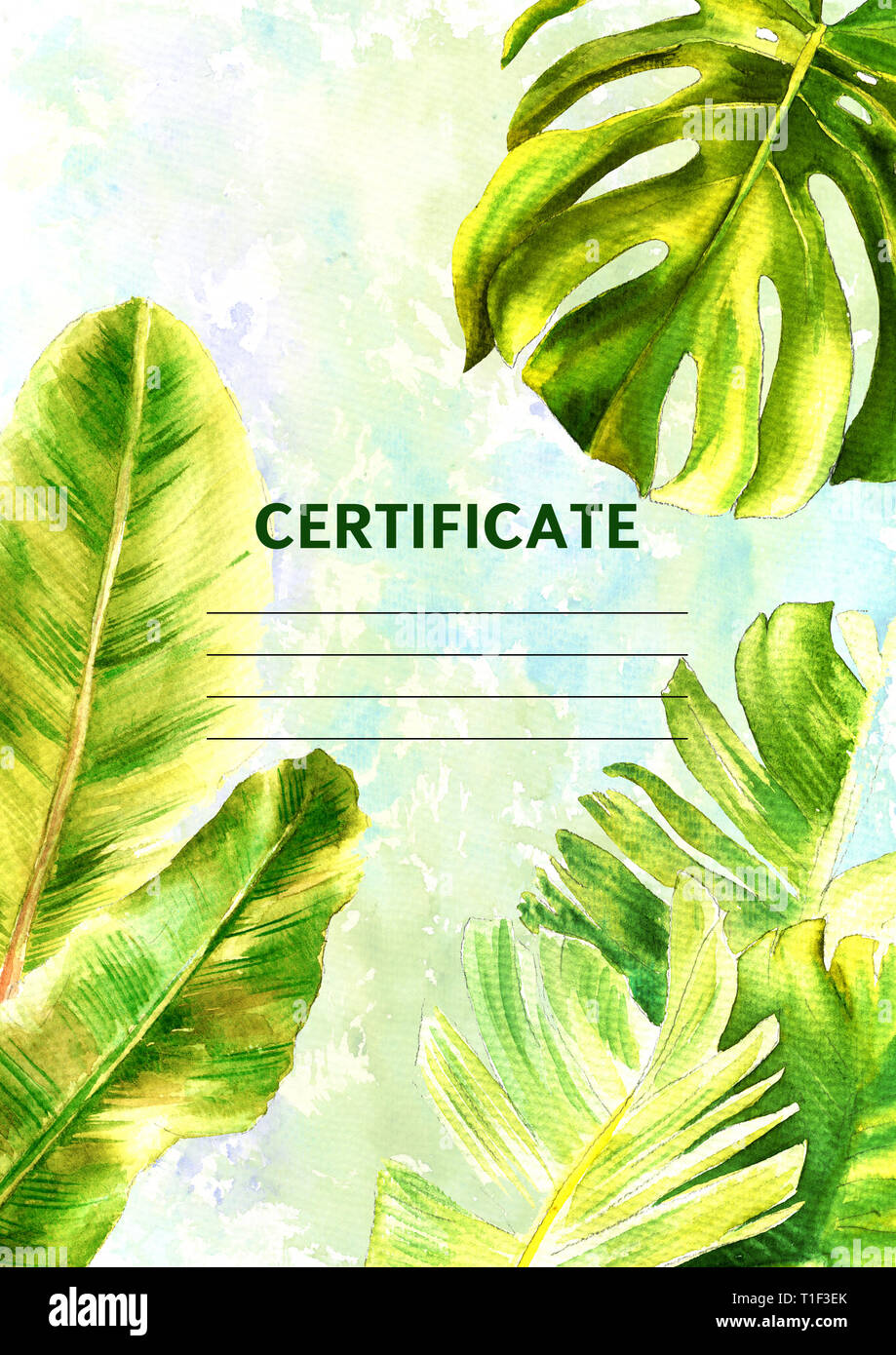 Design certificato con acquarello dipinto di foglie tropicali. Formato verticale. Illustrazione. In verticale Foto Stock