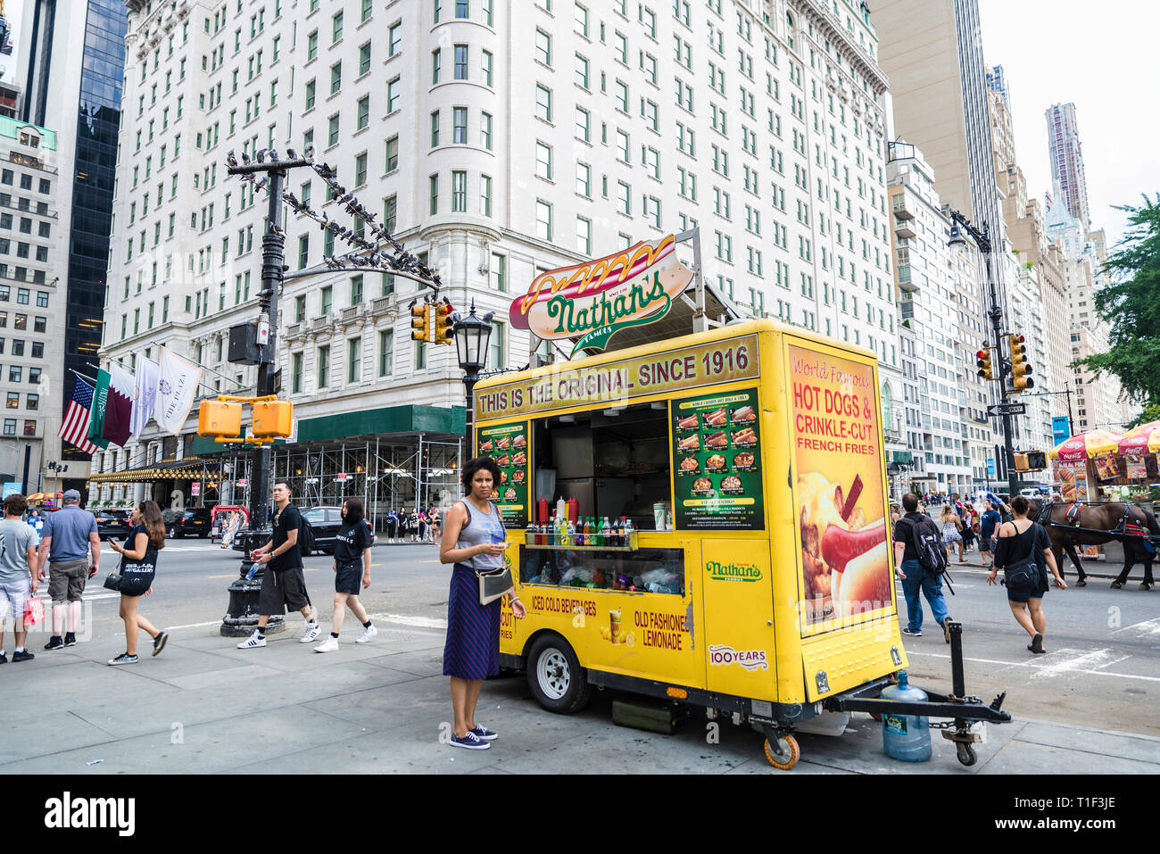 La città di New York, Stati Uniti d'America - 28 Luglio 2018: Cibo carrello in Quinta Avenue (5th Avenue) accanto al Grand Army Plaza con le persone intorno a Manhattan, New York City, U Foto Stock