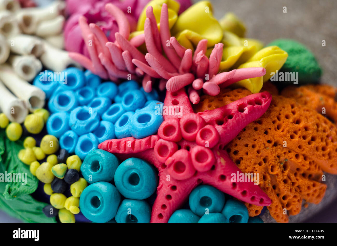 Plastilina fatti a mano con decor di barriera corallina di abitanti, stelle marine, anemone. Close up foto di artigianato Foto Stock