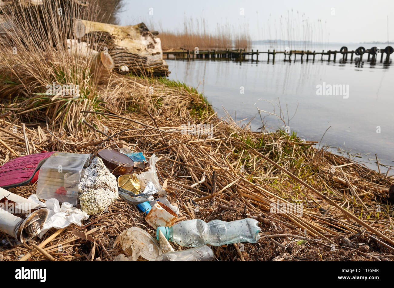 Garbage lasciata da una banca di fiume, ambiente inquinamento concetto problema immagine. Foto Stock