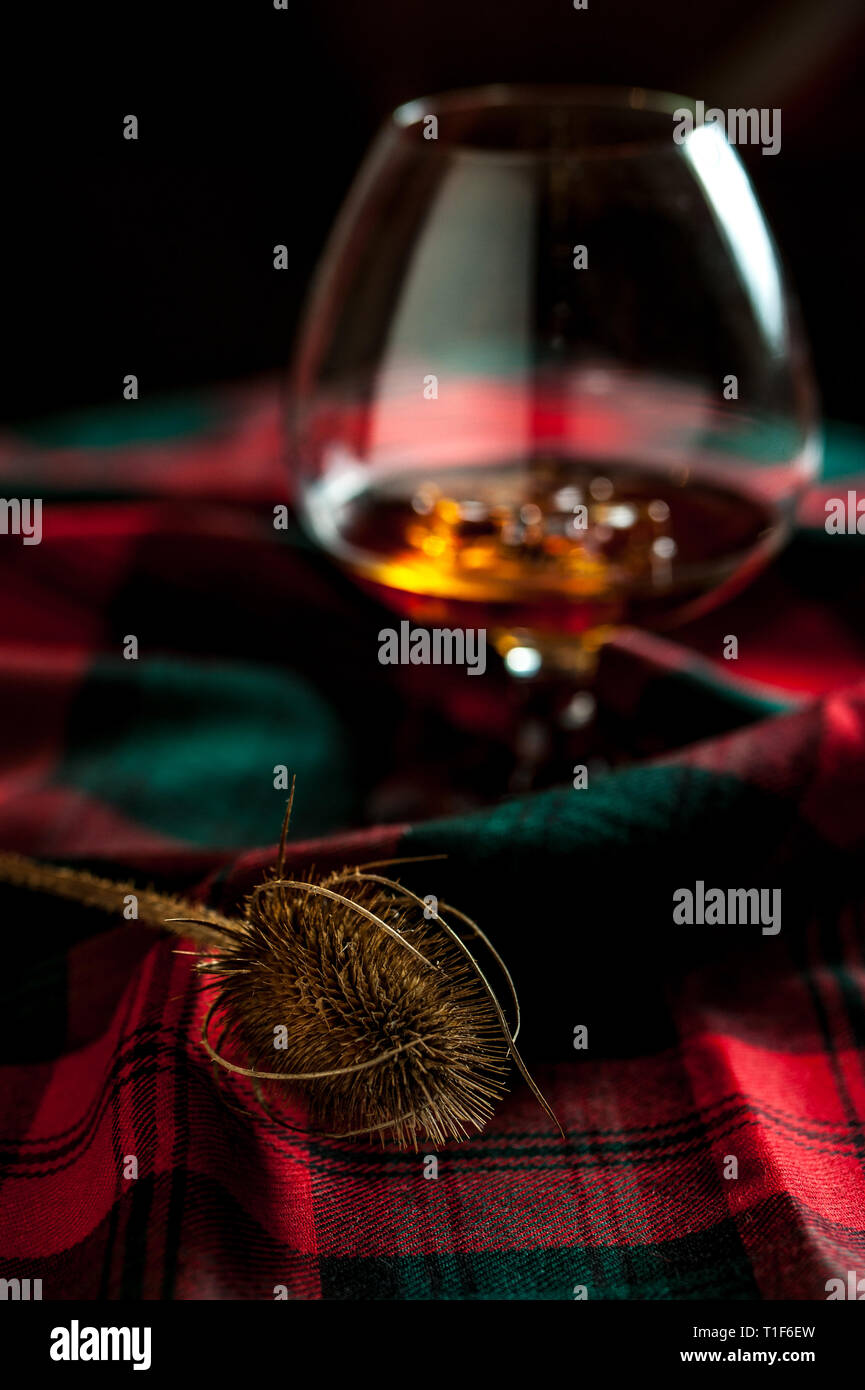 Bicchiere di whisly scozzese su una tabella con i tradizionali tartan e un thisly, simbolo della Scozia Foto Stock