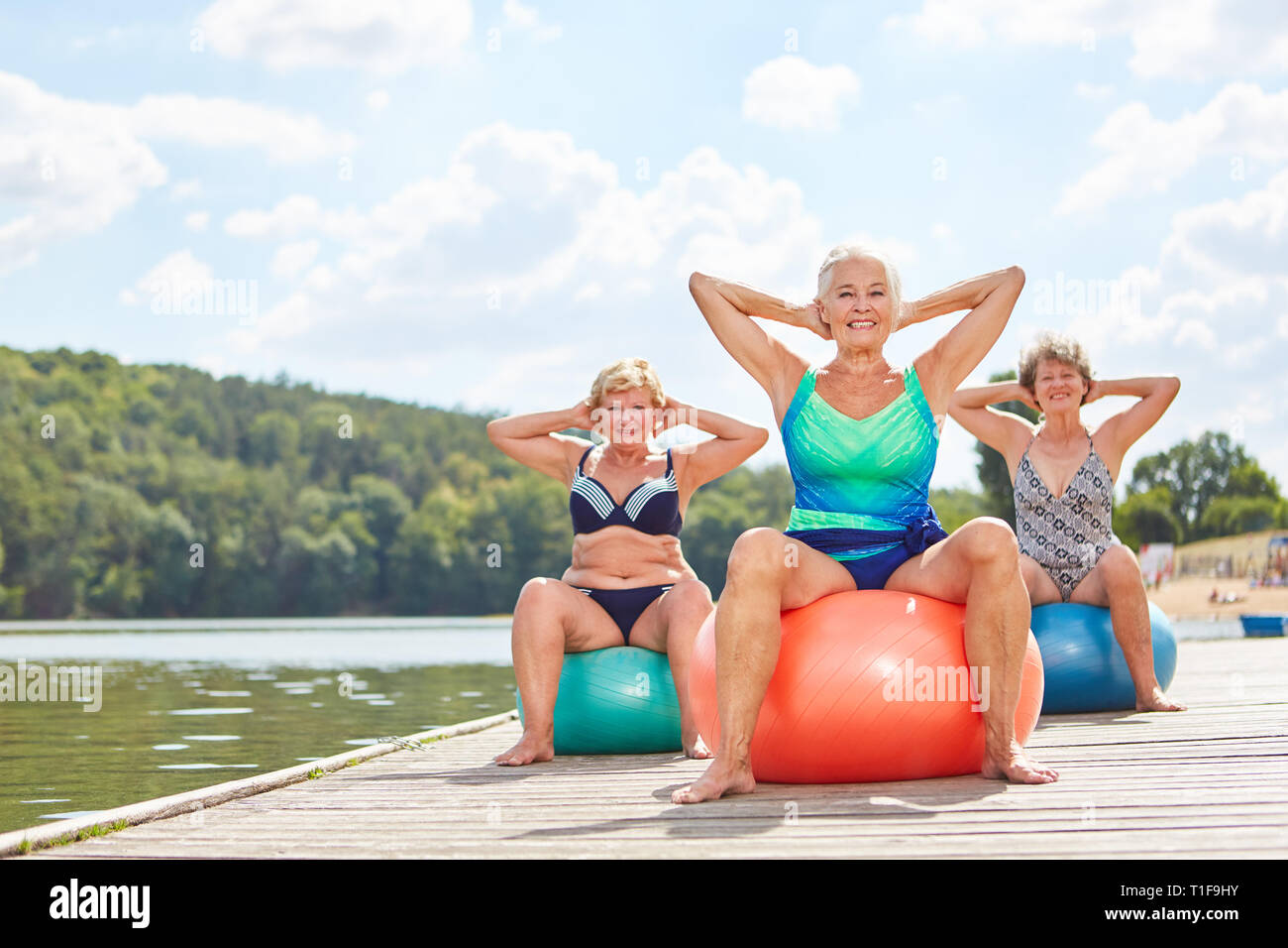 Il gruppo di donne senior con sfera di stabilità facendo esercizi per la schiena al lago in estate Foto Stock