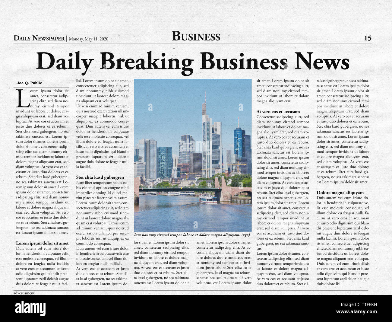 Aziende fittizie prima pagina di un giornale e quotidiano come un modello e texture Foto Stock