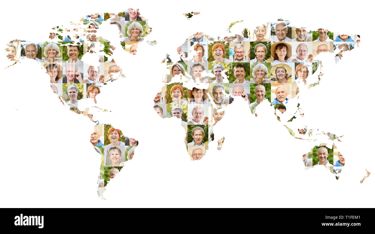 Senior Citizen ritratto collage sulla mappa del mondo come concetto per età, società, di pensione e di comunità Foto Stock
